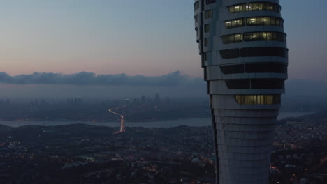 Istanbul-TV-Tower-on-Hill-with-epic-view-over-all-of-Istanbul,-Turkey-at-Dusk